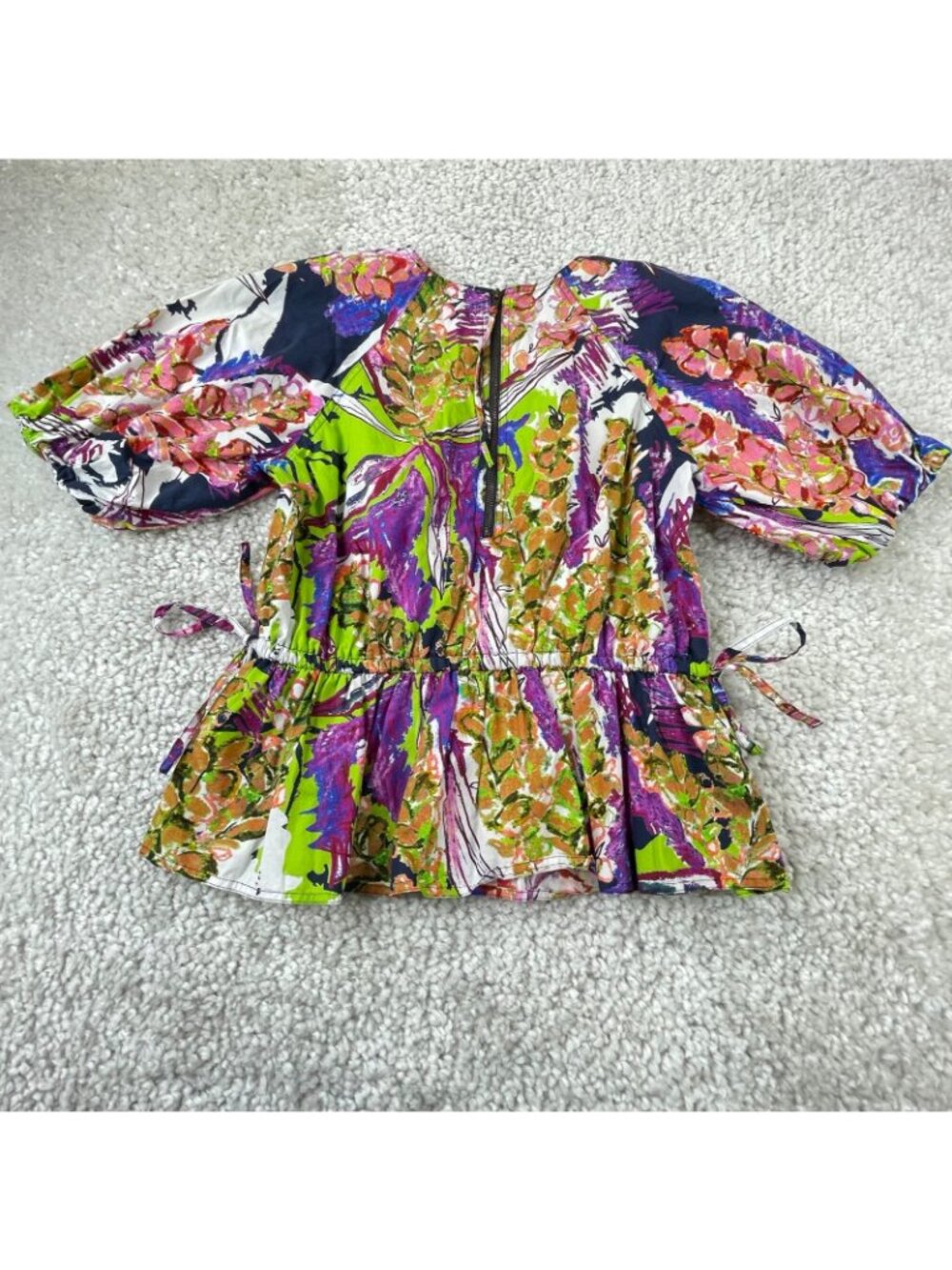 Marie Oliver Floral Green Purple Abstract Puff Sleeve Blouse Womens Small - Picture 2 of 7